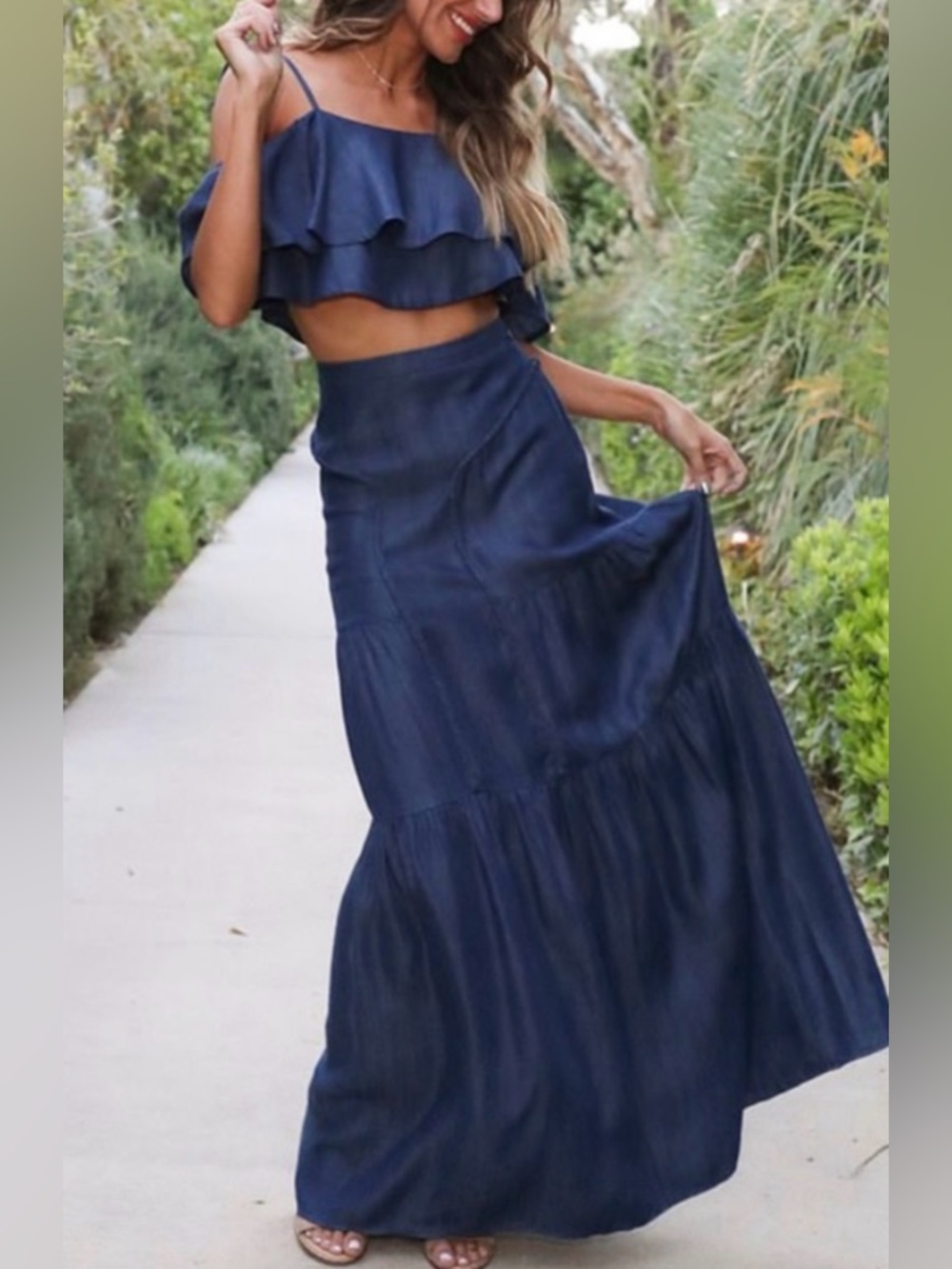 Rachel Zoe Angie Cold-Shoulder Tencil-Chambray Ruffled Crop Top